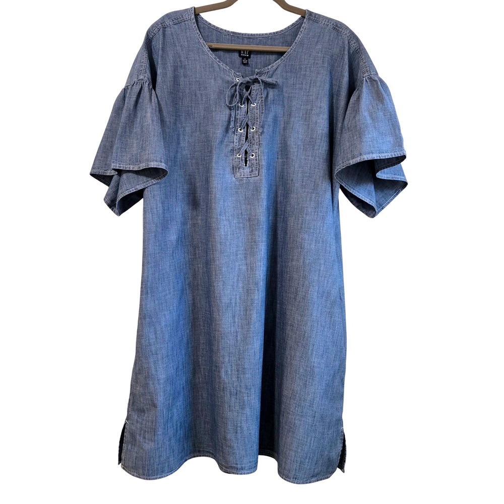 Boho Gap Denim Women's XXL Lightweight Denim Lace Up Flutter Sleeve Shift Dress